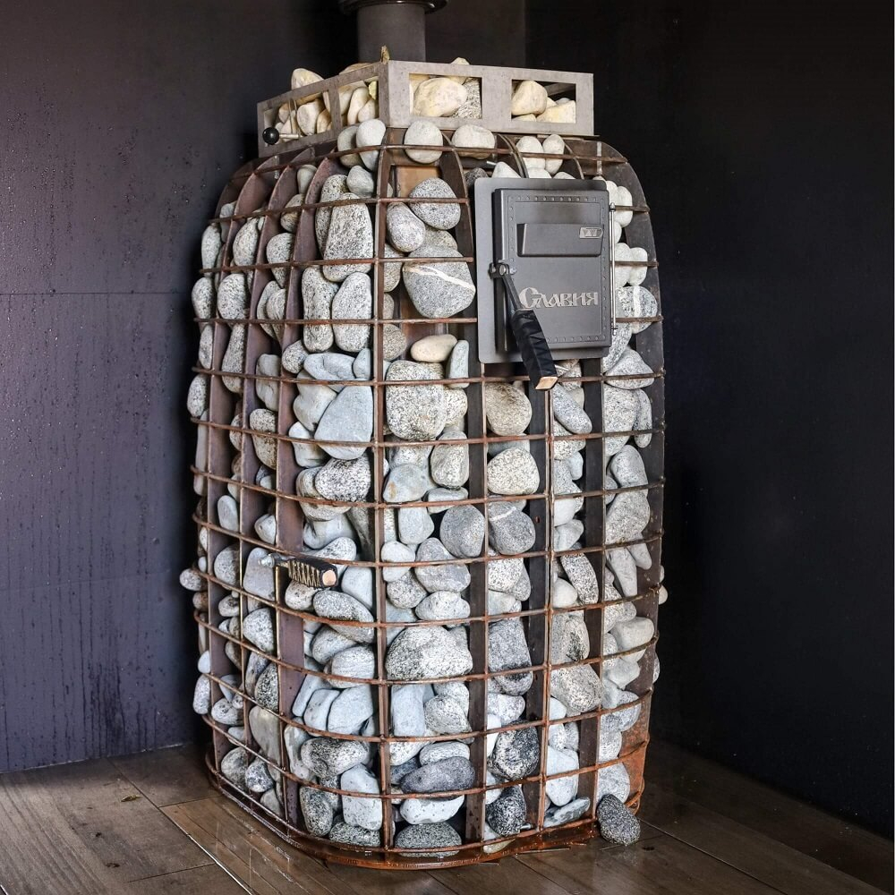 Печь для бани Славия в сетке чугунная дверь с панорамным стеклом