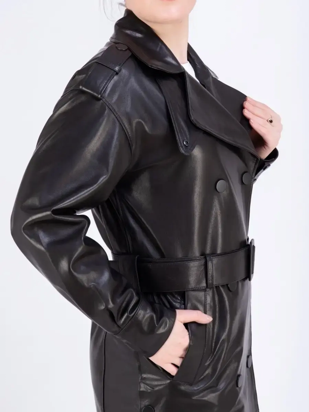 Плащ женский тренчкот длинный кожаный