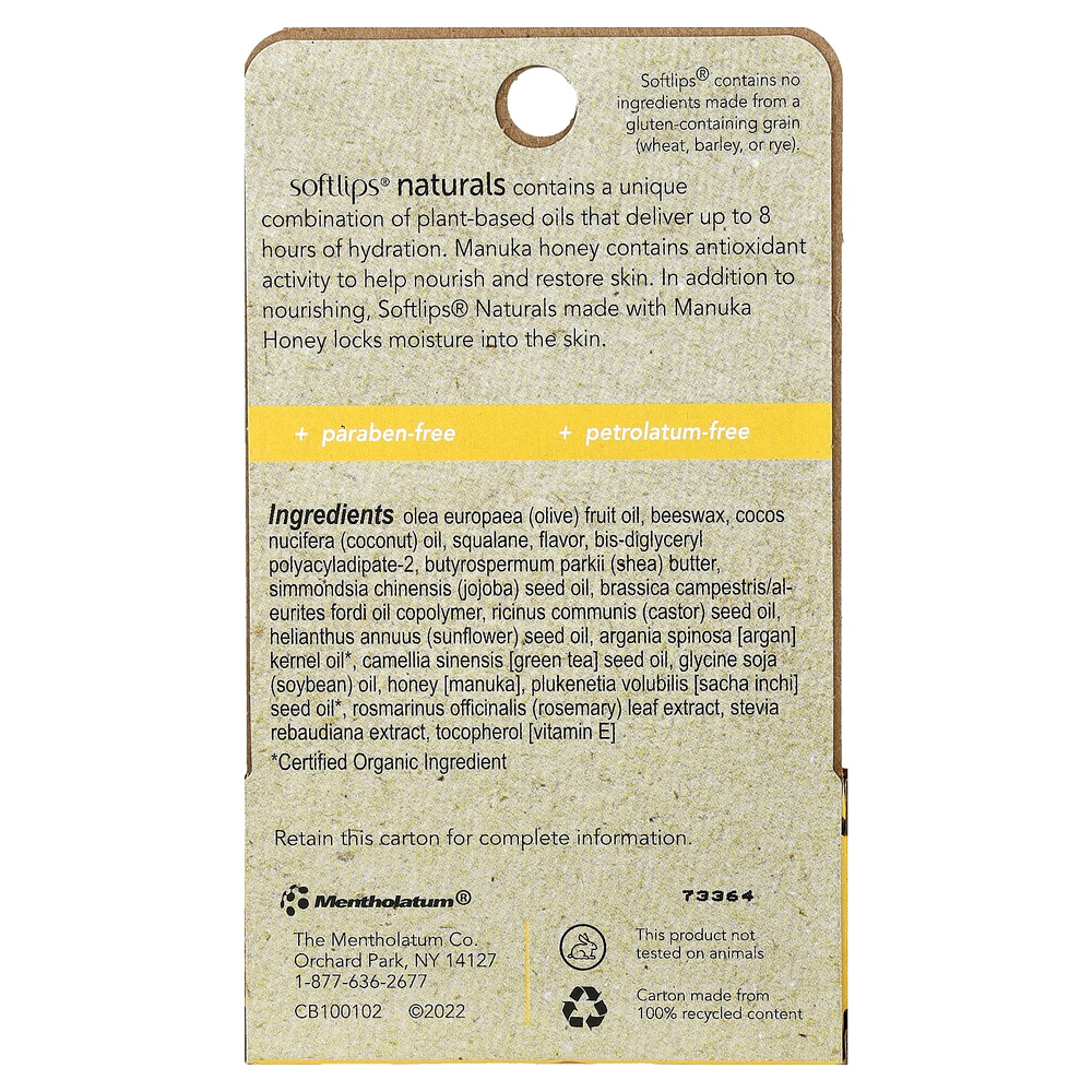 Softlips, Naturals, бальзам для губ с медом манука, мед и мята, 2 палочки по 4,2 г (0,15 унции)