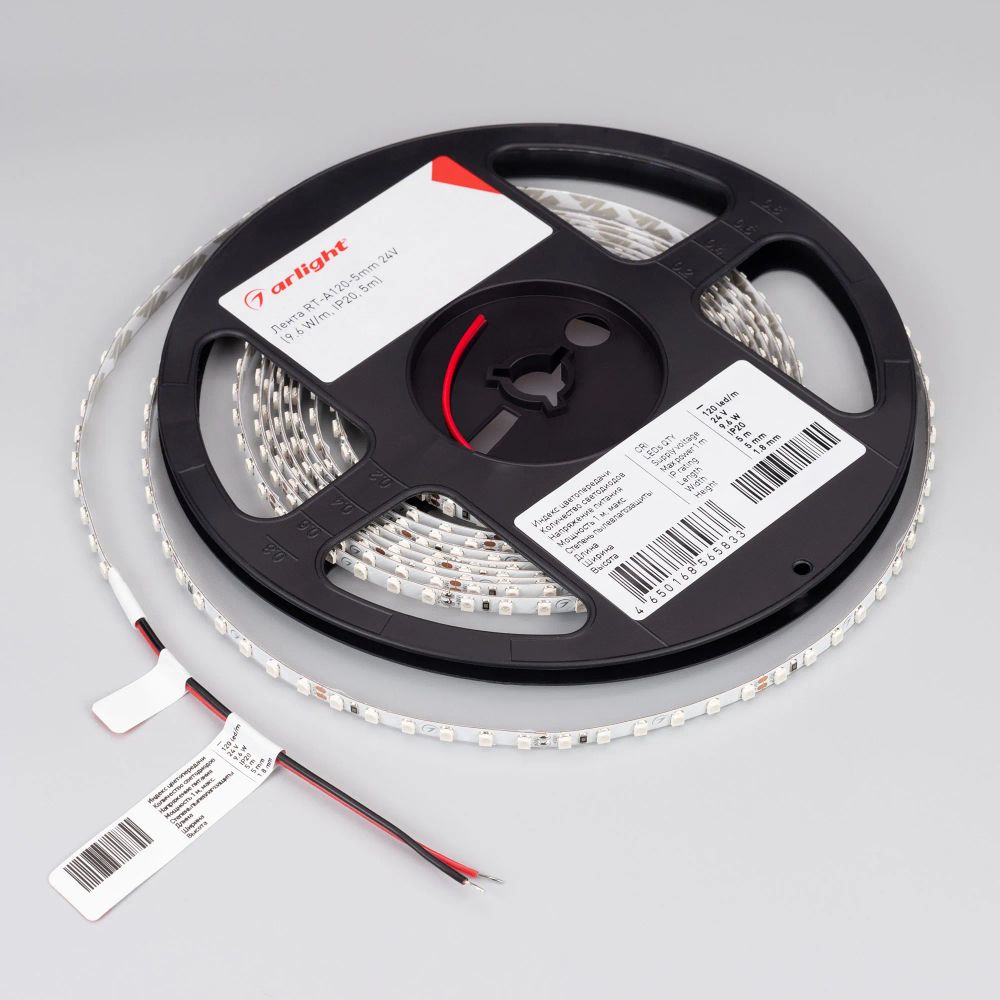 Светодиодная лента RT-A120-5mm 24V Yellow (9.6 W/m, IP20, 2835, 5m) (Arlight, узкая) 015662(2)