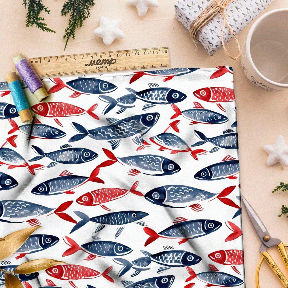 Ткань премиум таффета минималистичные рыбы