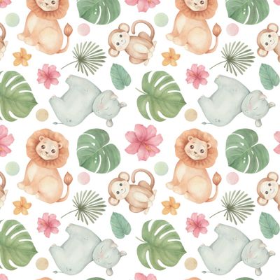 Сафари, африканские животные и листья. Лев, носорог, обезьяна