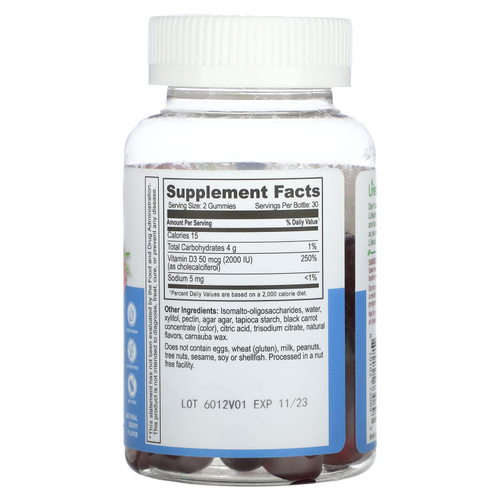 Lifeable, жевательные таблетки с витамином D3, без сахара, с натуральным вкусом ягод, 60 жевательных таблеток (25 мкг (1000 МЕ) в 1 жевательной таблетке)