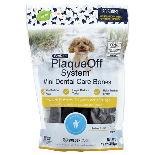 ProDen, PlaqueOff System™, мини-косточки для ухода за зубами, для маленьких собак и собачек, арахисовая паста и банан, 20 костей, 340 г (12 унций)