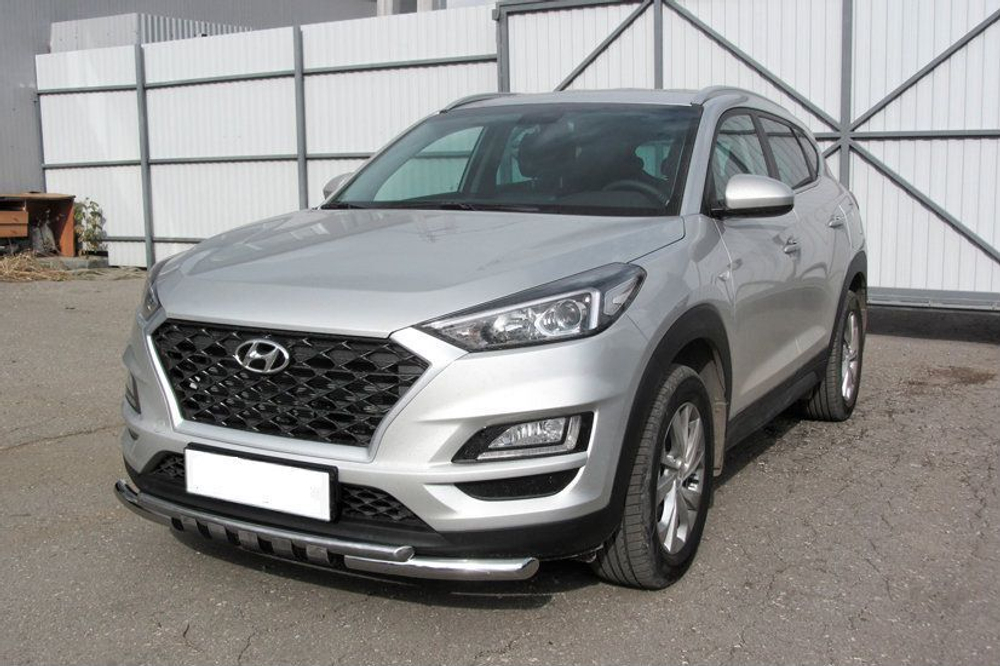 Защита переднего бампера (нержавейка) Hyundai Tucson Turbo (2018-2021) d57+d42 с декор элем (черный)