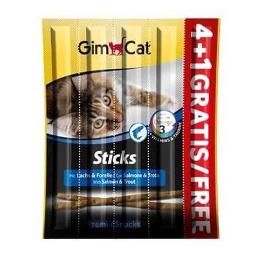 Gimcat: лакомство Sticks 20гр, палочки лосось + форель д/кошек, 5 шт АКЦИЯ 1 бесплатно