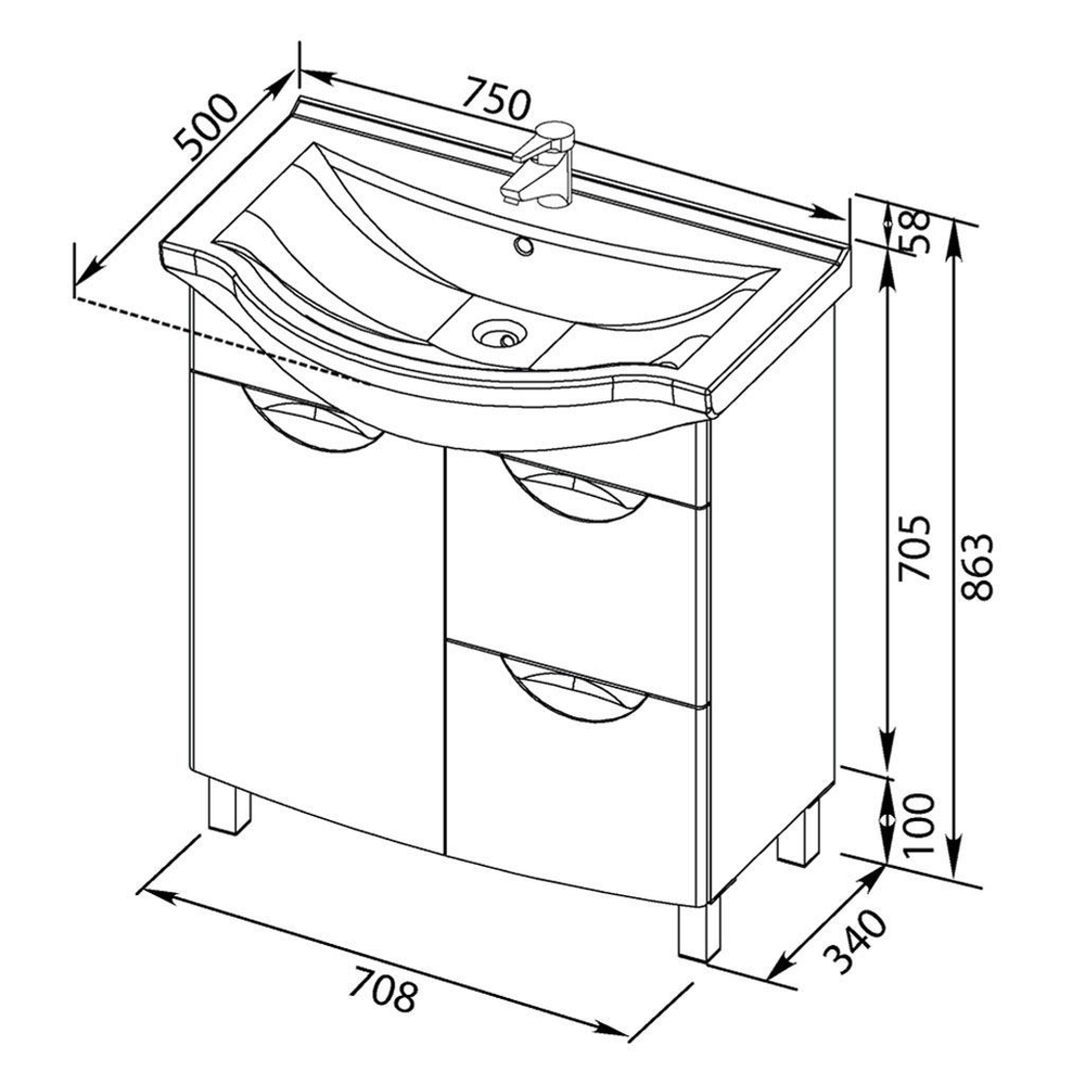 Тумба с раковиной Aquanet Асти 75 б\к белый
