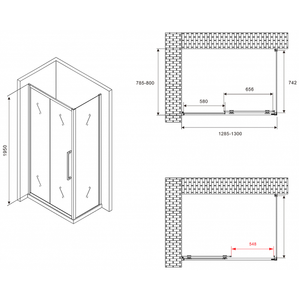 Душевой уголок Abber Schwarzer Diamant 130x80 AG30130BMH-S80BM профиль Черный стекло матовое