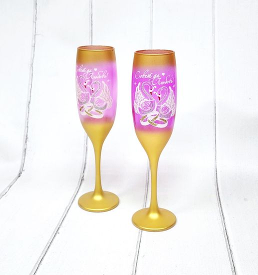 Свадебные бокалы , золото с темно-розовым, Совет да любовь, марганец