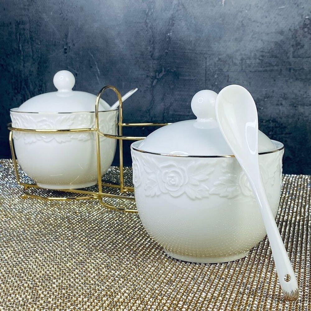 Lenardi 109-169 Набор из 2 сахарниц 350мл с ложками на подставке БЕЛАЯ РОЗА в под.уп.(х12)Фарфор