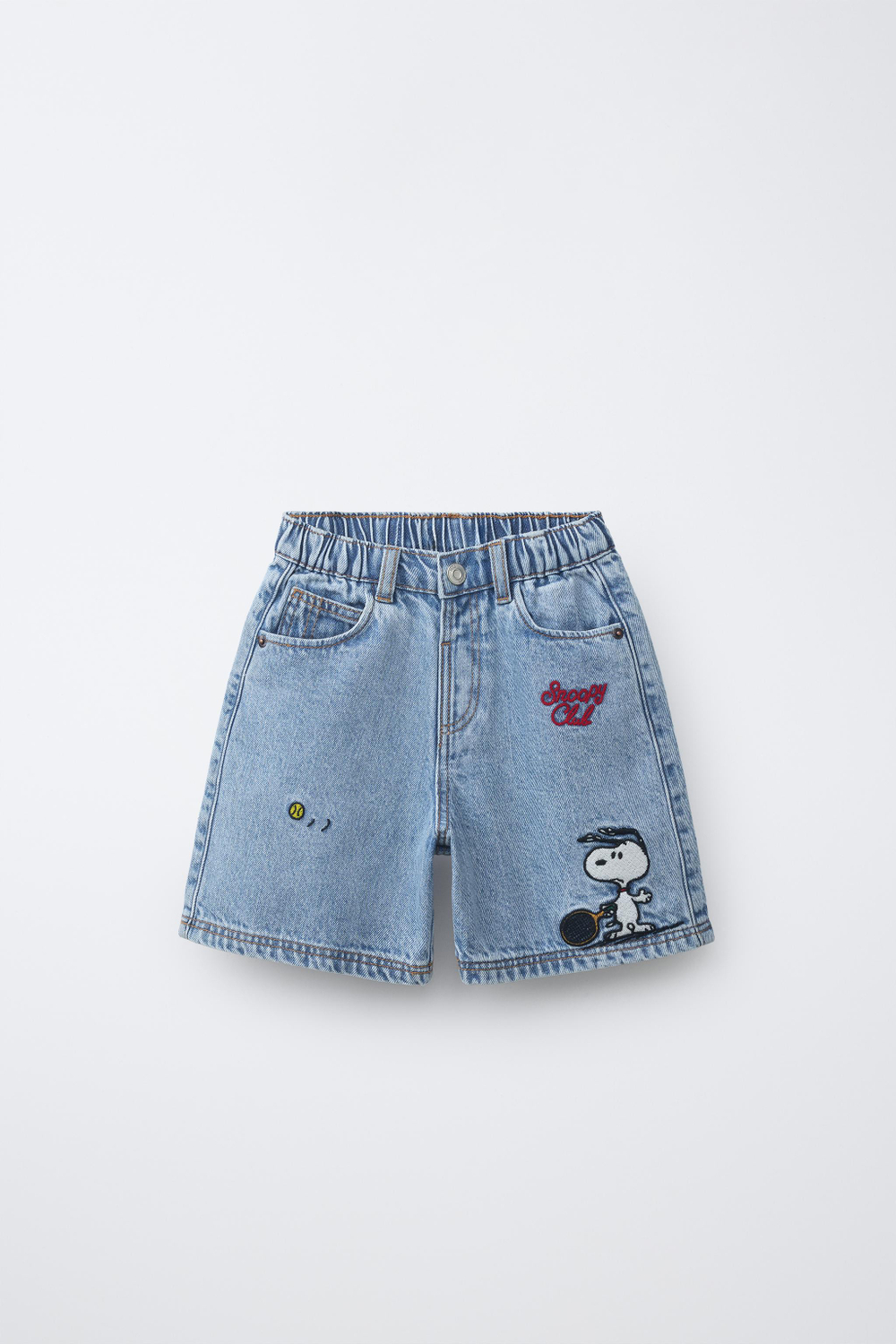ZARA ДЖИНСОВЫЕ ШОРТЫ SNOOPY PEANUTS™, ВЫЦВЕТШИЙ СИНИЙ