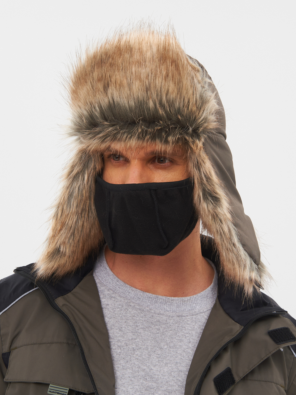 Шапка ушанка с маской Huntsman Евро Енот (Taslan, Хаки)