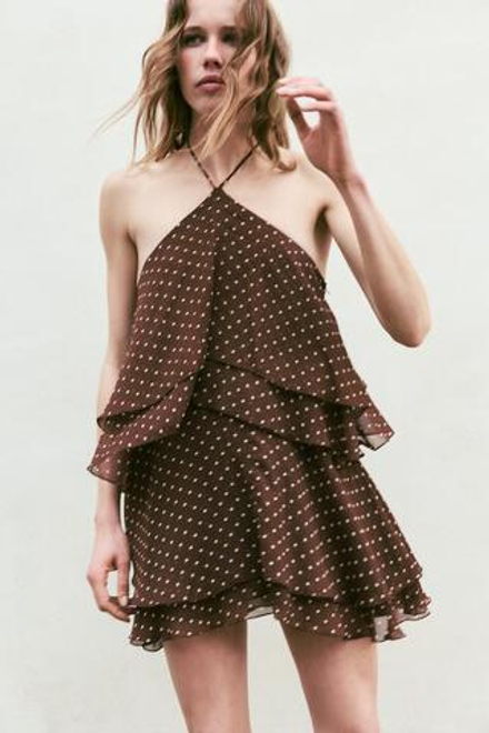 ZARA ПЛАТЬЕ ХАЛТЕР С ВОЛАНАМИ В ГОРОШЕК, КОРИЧНЕВЫЙ/БЕЛЫЙ