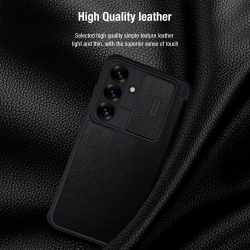 Кожаный чехол книжка черного цвета от Nillkin для Samsung Galaxy S25, серия Qin Pro Leather с сдвижной защитной шторкой для камеры