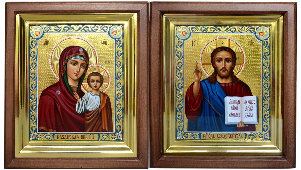 Казанская Богородица и Господь Вседержитель. Рукописные иконы.