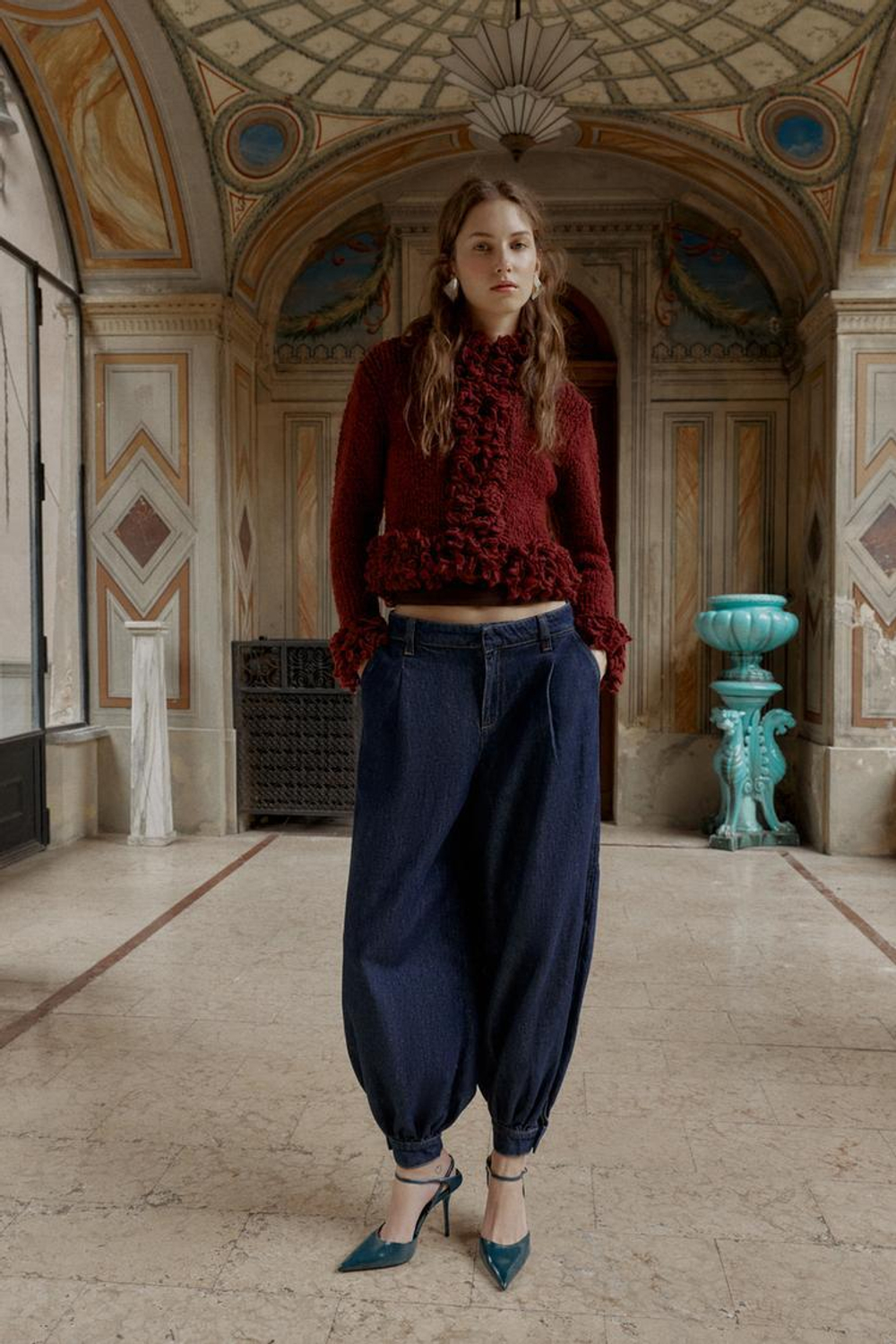 ZARA ВЯЗАНЫЙ ЖАКЕТ С БАХРОМОЙ, БУРГУНДИ