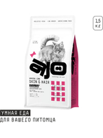 Сухой полнорационный корм для длинношерстных кошек AJO Cat Skin & Hair, здоровая кожа и красивая шерсть, с лососем и индейкой, 400 г