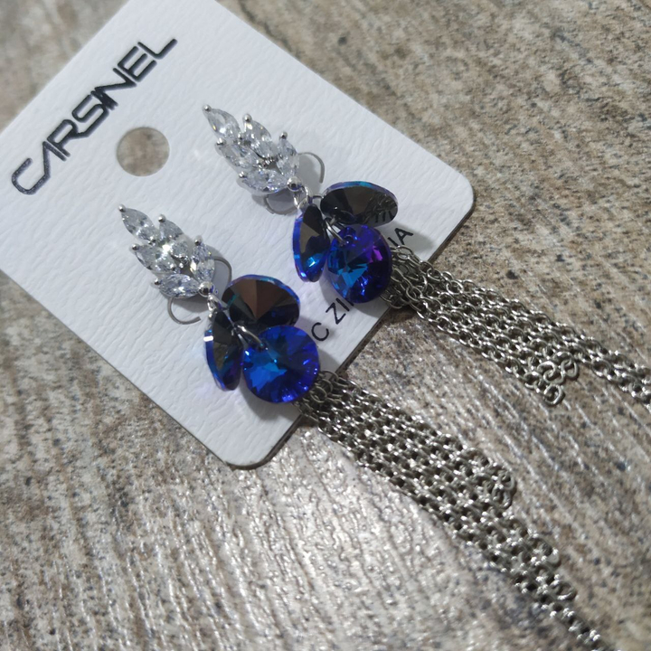 Серьги-гвоздики Cubic Zirconia веточка 5 листков подвеска 3 круга цепочки цвет синий хамелеон металл серебристый