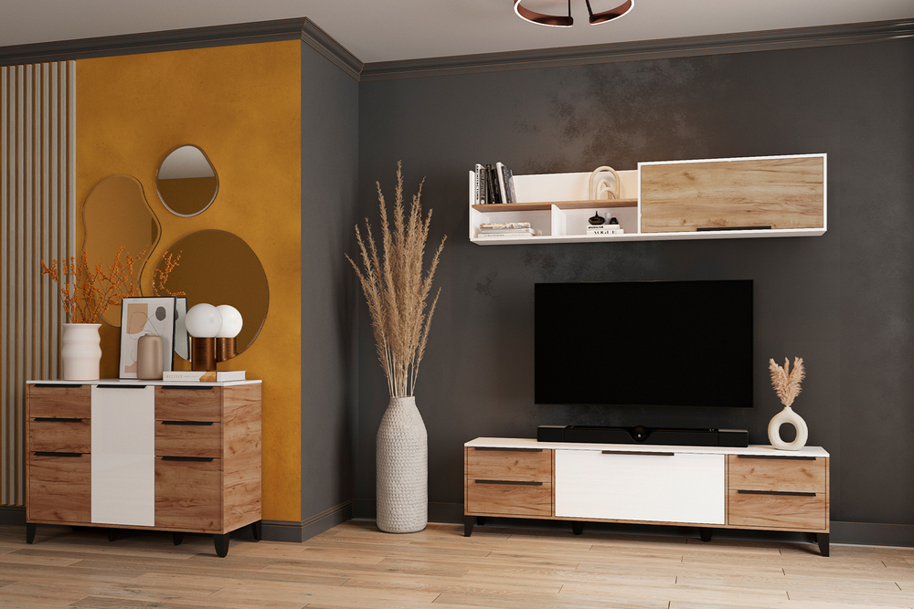 Комод Малави, Дуб крафт табачный, Белый глянец