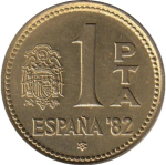 1 песета 1980 год. Испания. Чемпионат мира по футболу в Испании 1982. Футбол. Спорт. 82 внутри звезды