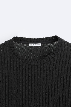 ZARA ФУТБОЛКА ИЗ АЖУРНОГО ТРИКОТАЖА, ЧЕРНЫЙ
