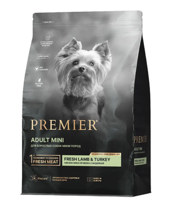 Сухой корм для взрослых собак Premier Dog Adult Mini мелких пород с чувствительным пищеварением ягненком с индейкой 3кг