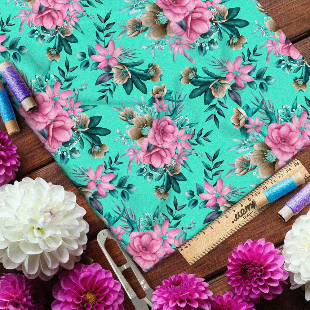Ткань шифон яркие розовые цветы на бирюзовом фоне