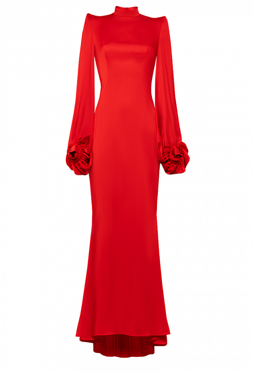 Платье красное силуэта "рыбка" воротник стойка 16-03-21SS