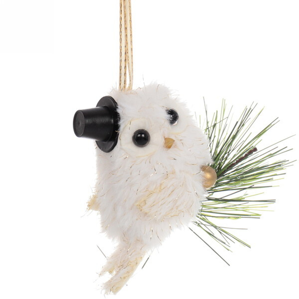 Украшение новогоднее подвесное «Совушка на веточке хвои» 10 см, Белый