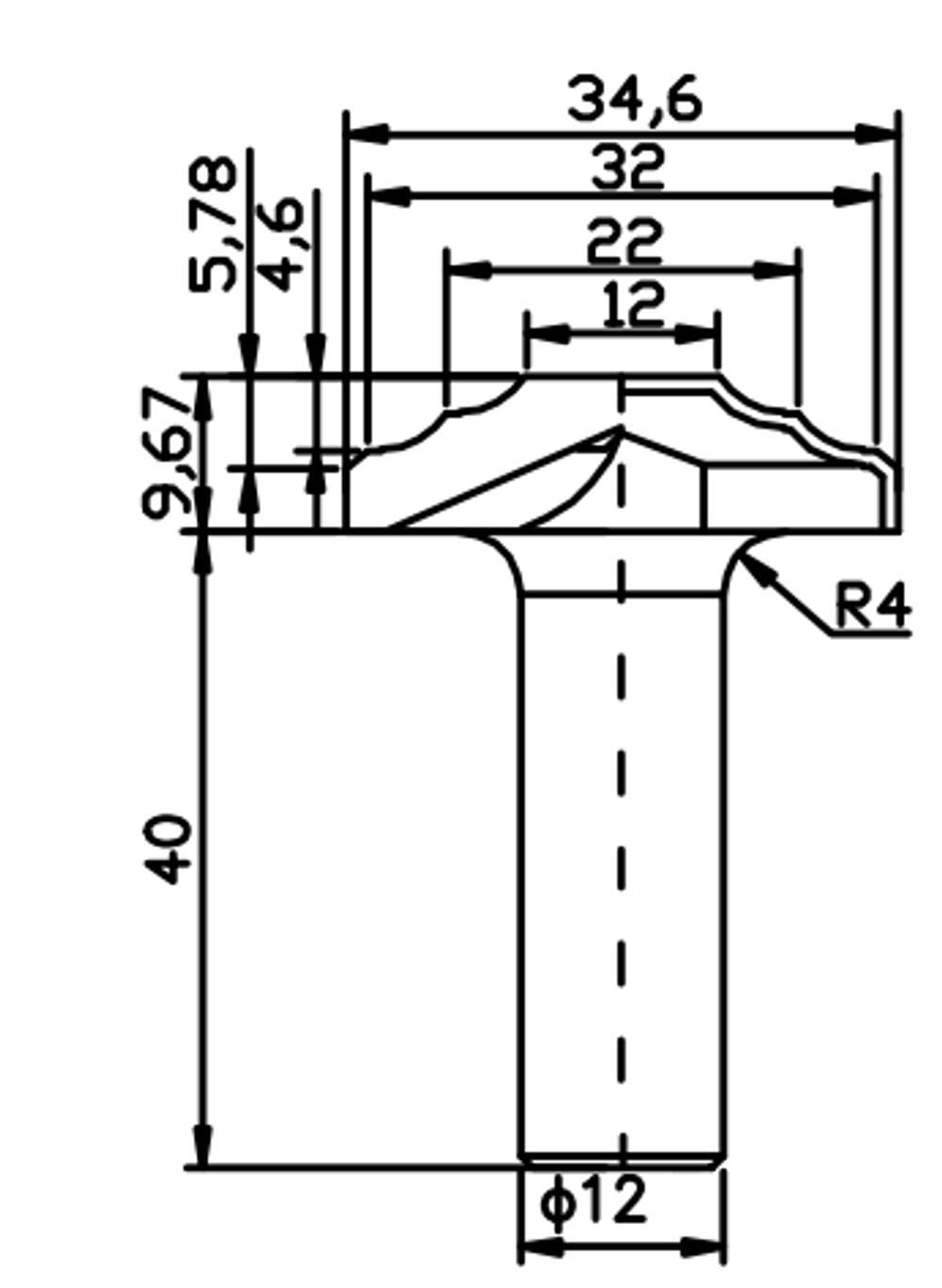 PCD профильная фреза D.34,6x9,67 S.12x40 Z2