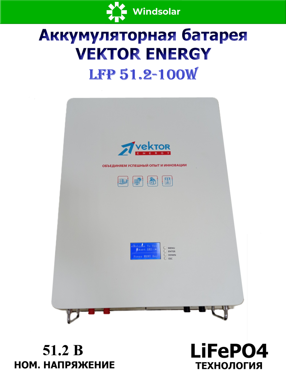 Аккумуляторная батарея VEKTOR ENERGY LFP 51.2-100W (100Ah / 51.2V / 5120Wh / BMS 100A / LED / LiFePO4)