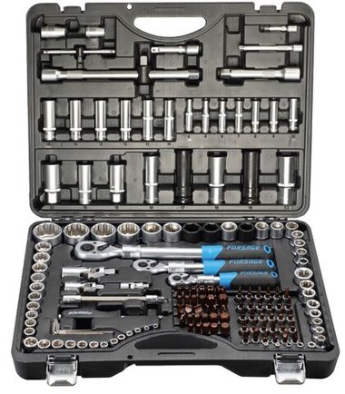 Набор инструмента 150+6пр.1/4''3/8''1/2''(6-гр.)(4-36мм, 3/8'':10-19мм 12гр., 1/2'':27,30,32,36-12гр.)+(биты 5/16'':М6,8,10,12,14, гибкий удлинитель 1 Forsage F-41501-5 PREMIUM