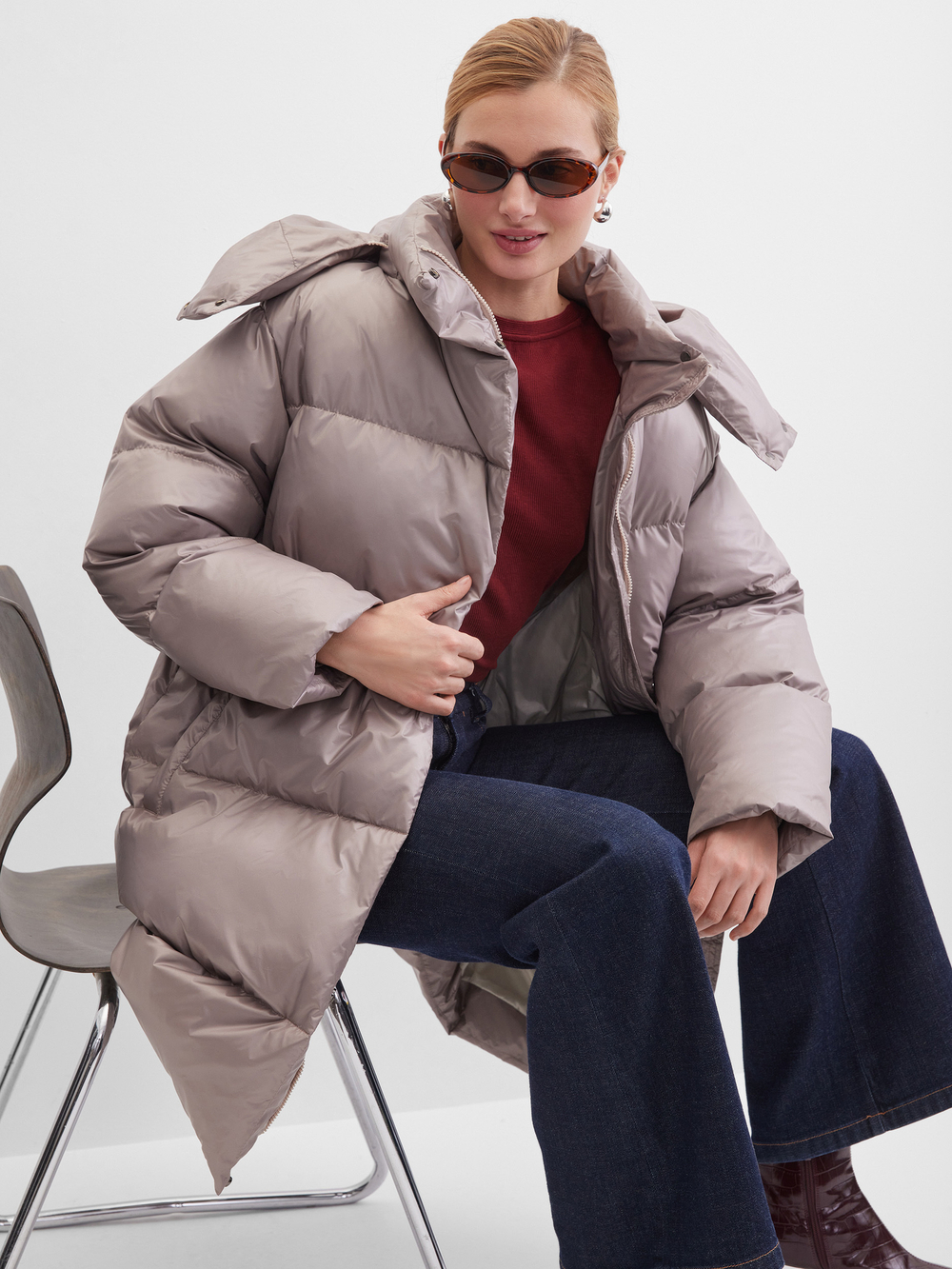 MIDI пуховик с объемным капюшоном, Beige Pink🐨🐨🐨