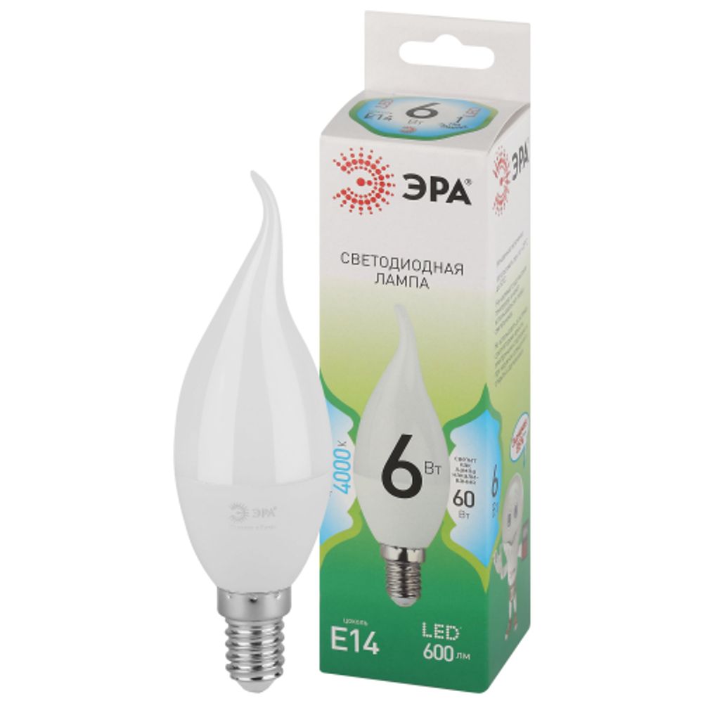Лампа светодиодная ЭРА GREEN LINE LED BXS-6W-840-E14 GL 6Вт свеча на ветру яркий белый свет E14