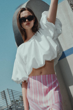 ZARA ТОП ИЗ ПОПЛИНА С ОБЪЕМНЫМИ РУКАВАМИ, БЕЛЫЙ