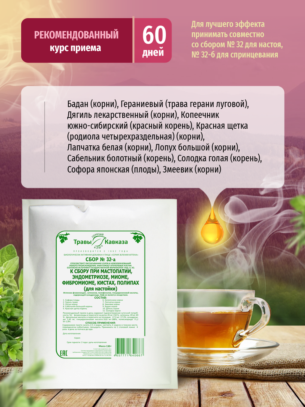 Сбор № 32-а При мастопатии, эндометриозе, миоме, фибромиоме, кистах, полипах (для настойки)