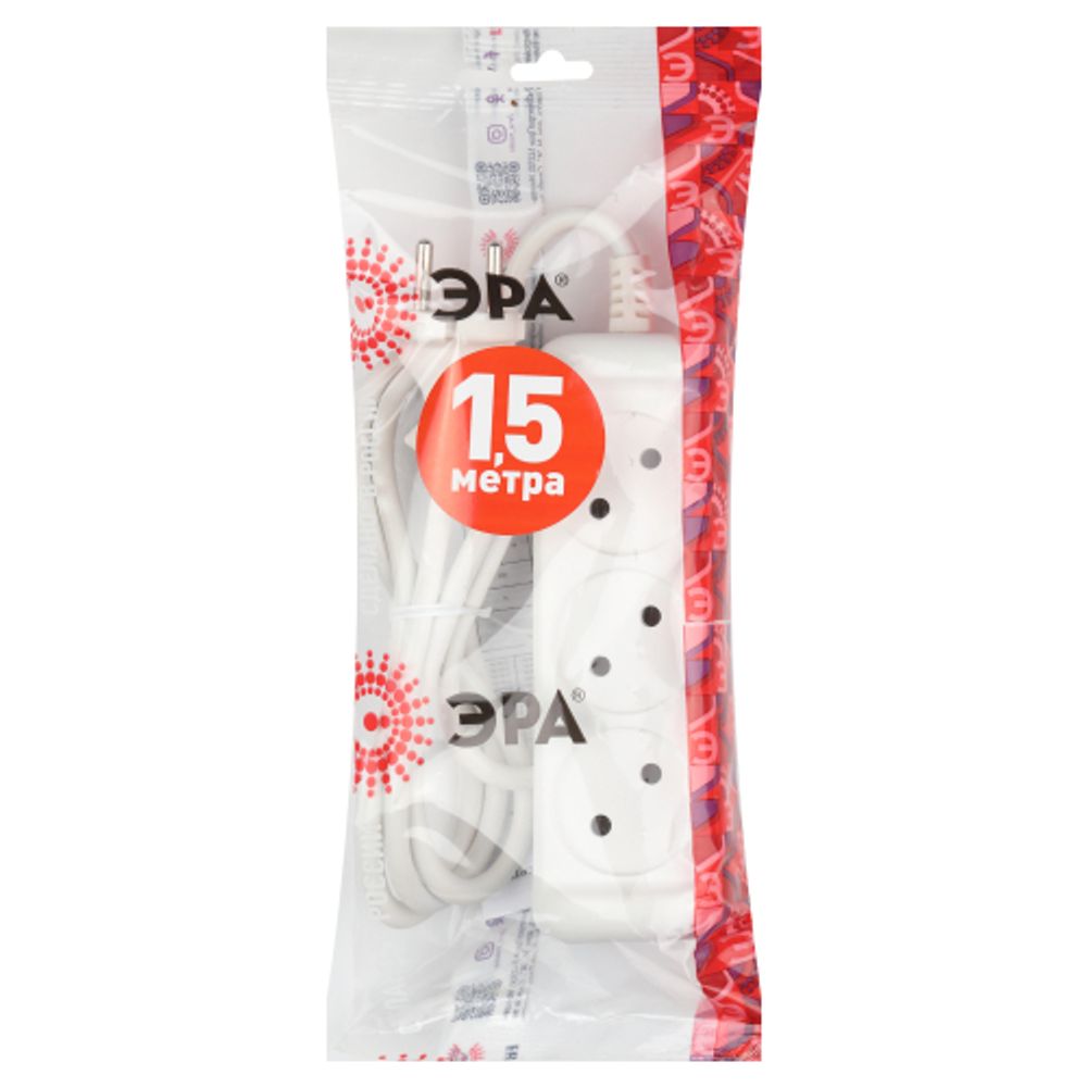 Удлинитель электрический ЭРА U-3-1,5m-2x1 без заземления 3 розетки 1,5м ПВС 2x1мм2 10А | Бытовые удлинители