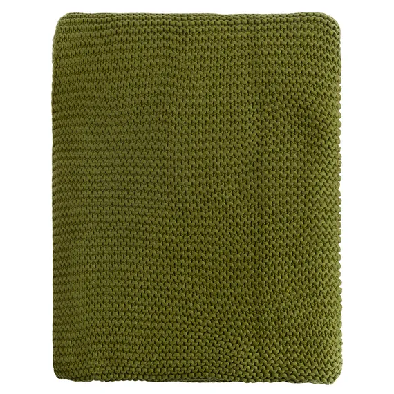 Плед из хлопка жемчужной вязки оливкового цвета Essential, 130х180 см