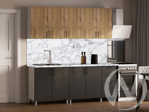 Кухня Грейс 2.0м (корпус белый/дуб канадский; карбон вулкан) 26мм мрамор итальянский