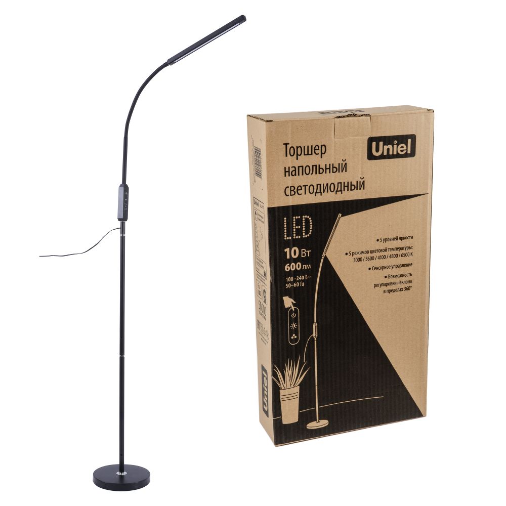 ULM-T619 10W/3000-6500K/DIM BLACK Торшер напольный светодиодный, 10W, с регулировкой наклона. Сенсорный выключатель. Диммер. Черный. ТМ Uniel