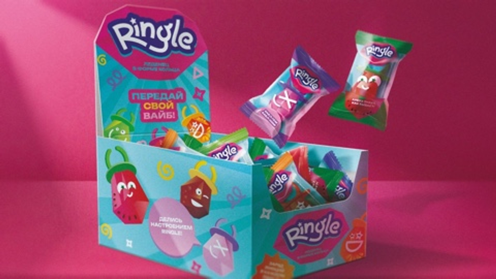 «RINGLE» леденцовая карамель со вкусом яблока, бабл гам, колы,  клубники, апельсина, арбуза, 15 г *