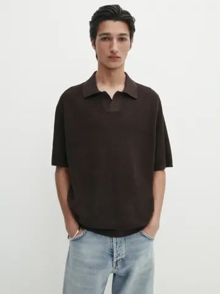 Massimo Dutti Футболка-поло  из хлопка и льна, коричневый