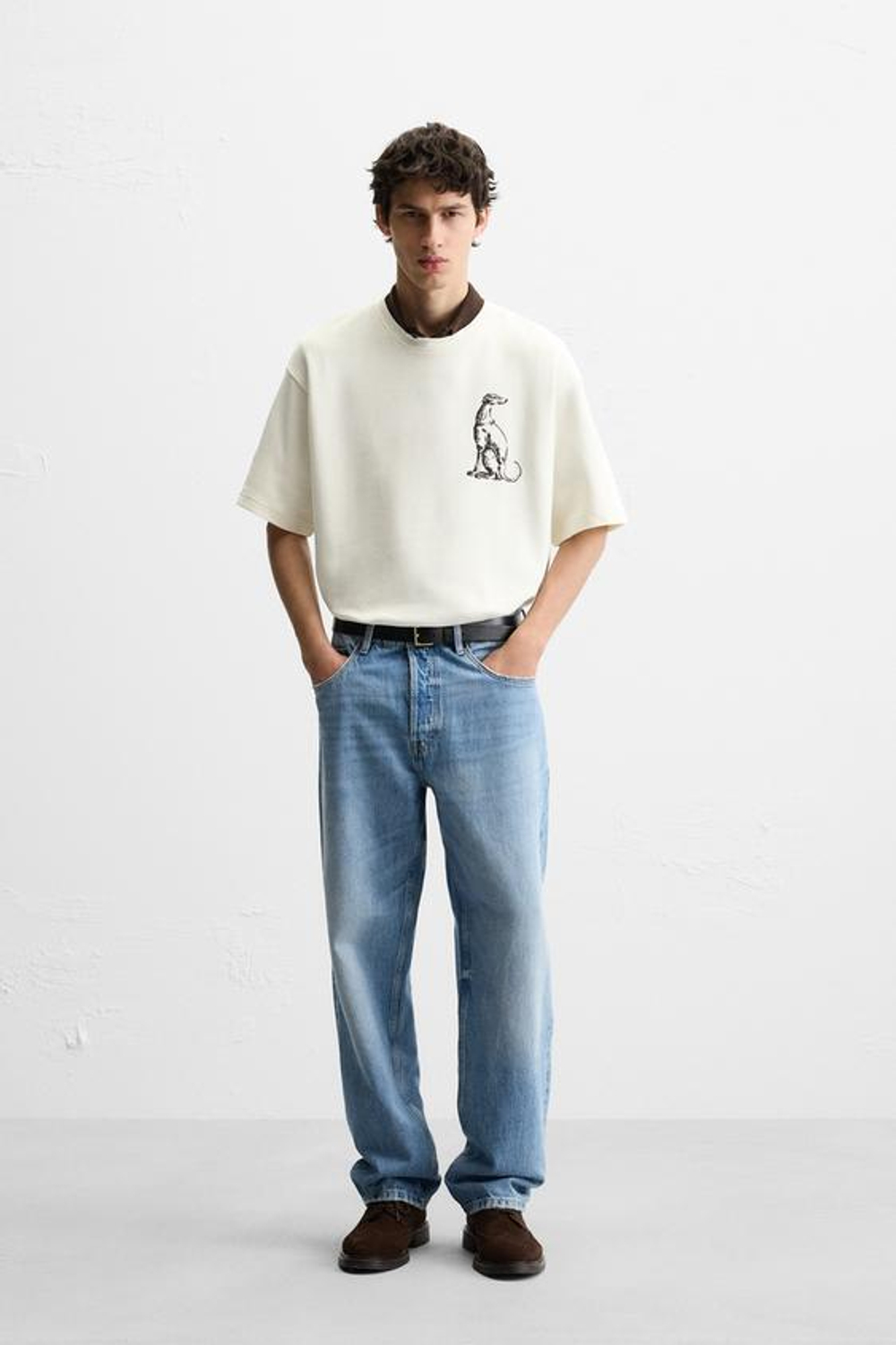 ZARA ТОЛСТОВКА С ВЫШИВКОЙ "БОРЗАЯ", ЖЕЛТОВАТО-БЕЛЫЙ