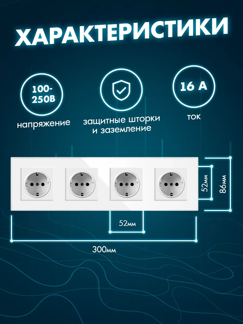 Розетка четверная с заземлением из закаленного стекла