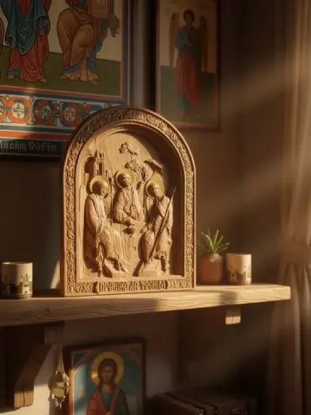 Освященная Икона Святой Троицы резная из дуба 14х17.5 см