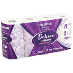Бумага туалетная 3-х слойная, 8 рулонов (8×16,5 м), LAIMA Deluxe, 100% целлюлоза.