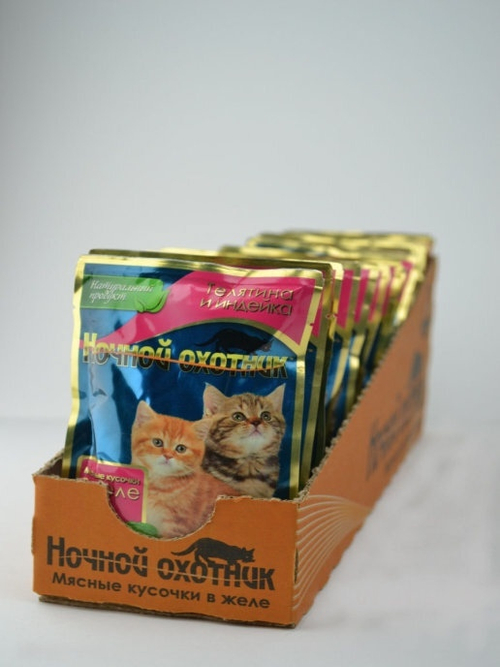 Влажный корм Ночной охотник  для котят, телятина индейка в желе, 24 шт x 100 г