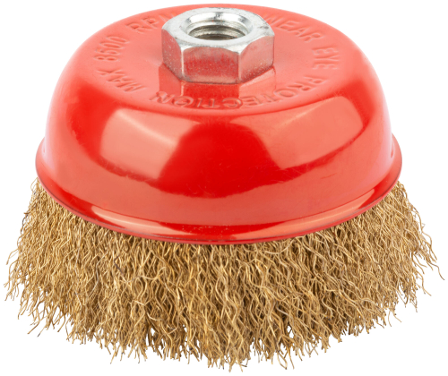 Корщетка чашечная, гайка М14, стальная латунированная волнистая проволока 100 мм 39038