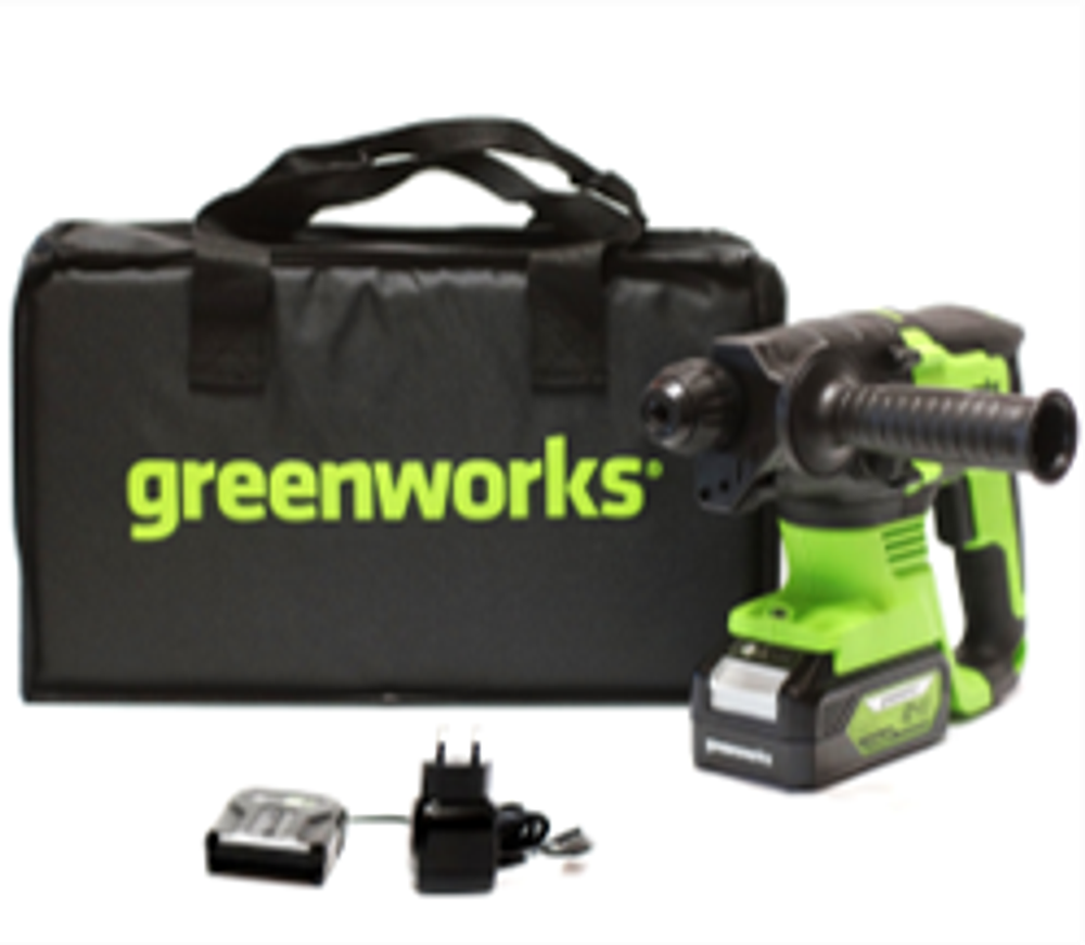 Перфоратор Greenworks GD24SDS2K4, 24V,бесщеточный, 2 Дж, 4500 уд/мин, 24 мм, c 1хАКБ 4Ач и ЗУ 2А, в сумке (3803007UB)