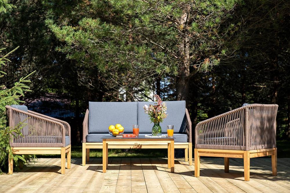 "Канны" лаунж-зона 4-местная из роупа со столиком "Канны" (серый гранит), основание дуб, роуп коричневый